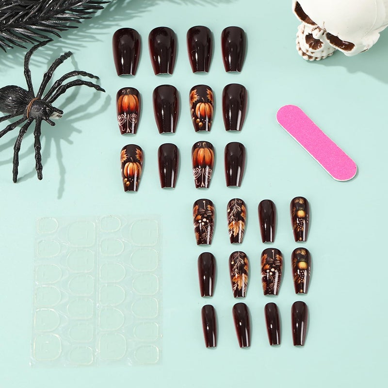 CJDLTS 24Pcs Maple Leaf Press on Nails Medium Ballet Shaped Thanksgiving Day Acrylic Nails Pumpkin Stick on Nails Full Cover Glossy Brown Fall Artificial Fingernails Festival Glue on Nails for Women - Image 4